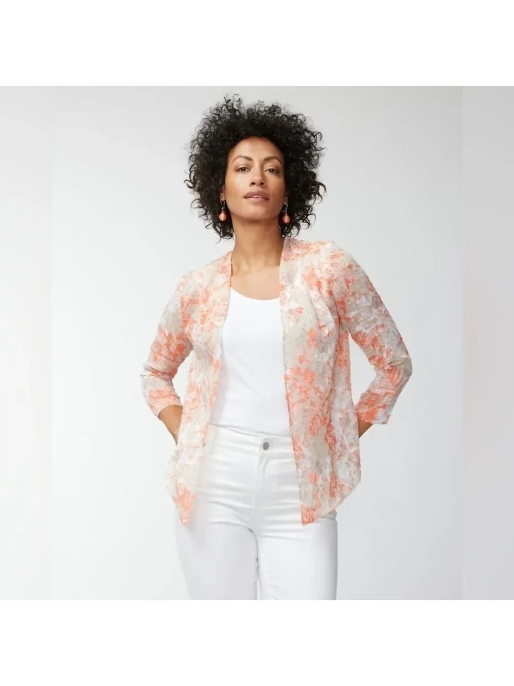 Chico’s Women’s Camo Foliage Sheer Jacket Peach/Cream Size 2 (Large)